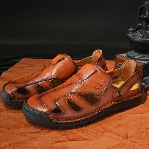 Men's Brown Faux Leather Sandals with Perforated Design, Adjustable Strap, and Durable Sole – Comfortable for Casual Wear, Outdoor and Summer Activities