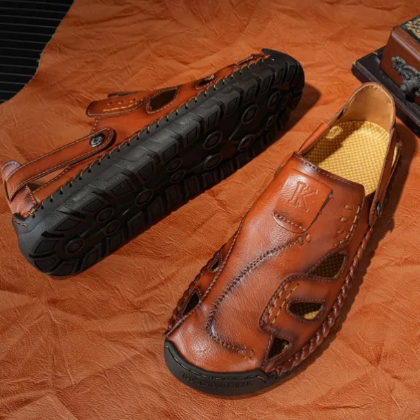 Men's Brown Faux Leather Sandals with Perforated Design, Adjustable Strap, and Durable Sole – Comfortable for Casual Wear, Outdoor and Summer Activities