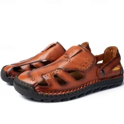 Men's Brown Faux Leather Sandals with Perforated Design, Adjustable Strap, and Durable Sole – Comfortable for Casual Wear, Outdoor and Summer Activities
