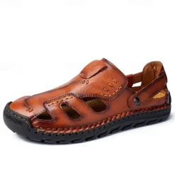 Men's Brown Faux Leather Sandals with Perforated Design, Adjustable Strap, and Durable Sole – Comfortable for Casual Wear, Outdoor and Summer Activities