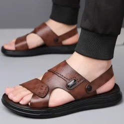 Men's Brown Faux Leather Sandals – Adjustable Slingback Strap, Comfortable Sole, Casual Summer Footwear for Beach and Outdoor Use
