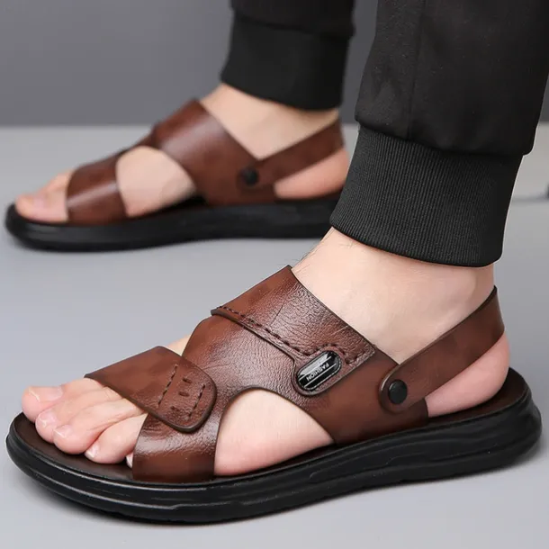 Men's Brown Faux Leather Sandals – Adjustable Slingback Strap, Comfortable Sole, Casual Summer Footwear for Beach and Outdoor Use