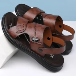 Men's Brown Faux Leather Sandals – Adjustable Slingback Strap, Comfortable Sole, Casual Summer Footwear for Beach and Outdoor Use