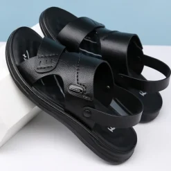 Men's Brown Faux Leather Sandals – Adjustable Slingback Strap, Comfortable Sole, Casual Summer Footwear for Beach and Outdoor Use