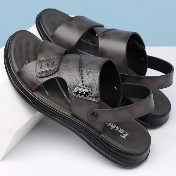 Men's Brown Faux Leather Sandals – Adjustable Slingback Strap, Comfortable Sole, Casual Summer Footwear for Beach and Outdoor Use