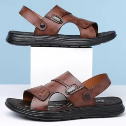 Men's Brown Faux Leather Sandals – Adjustable Slingback Strap, Comfortable Sole, Casual Summer Footwear for Beach and Outdoor Use