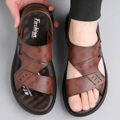 Men's Brown Faux Leather Sandals – Adjustable Slingback Strap, Comfortable Sole, Casual Summer Footwear for Beach and Outdoor Use