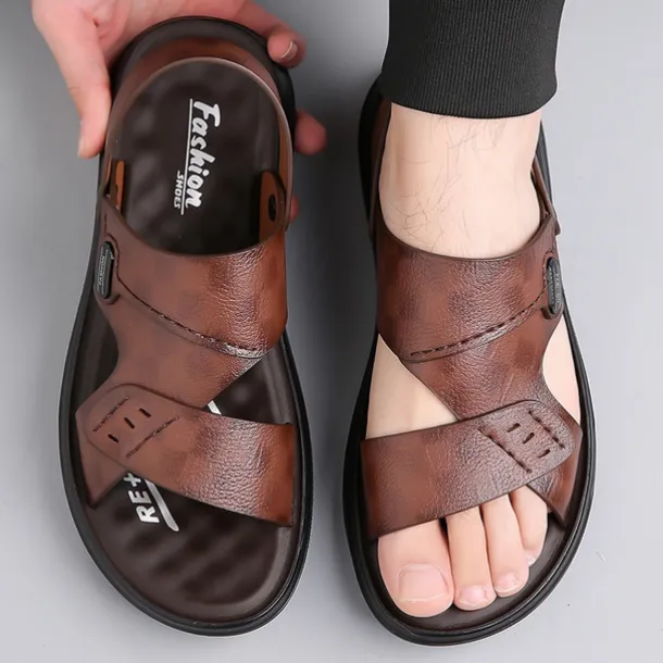 Men's Brown Faux Leather Sandals – Adjustable Slingback Strap, Comfortable Sole, Casual Summer Footwear for Beach and Outdoor Use