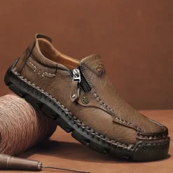 Men's Brown Faux Leather Slip-On Loafers with Side Zipper and Hand-Stitched Details – Comfortable Casual Shoes for Work, Travel, and Daily Wear
