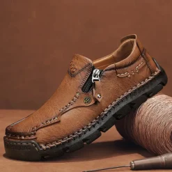 Men's Brown Faux Leather Slip-On Loafers with Side Zipper and Hand-Stitched Details – Comfortable Casual Shoes for Work, Travel, and Daily Wear