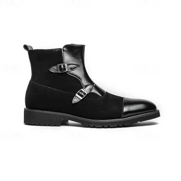 Men's Brown Faux Suede and Leather Ankle Boots with Double Buckle Straps - Stylish Formal Boots for Parties and Events