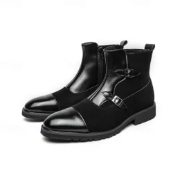 Men's Brown Faux Suede and Leather Ankle Boots with Double Buckle Straps - Stylish Formal Boots for Parties and Events