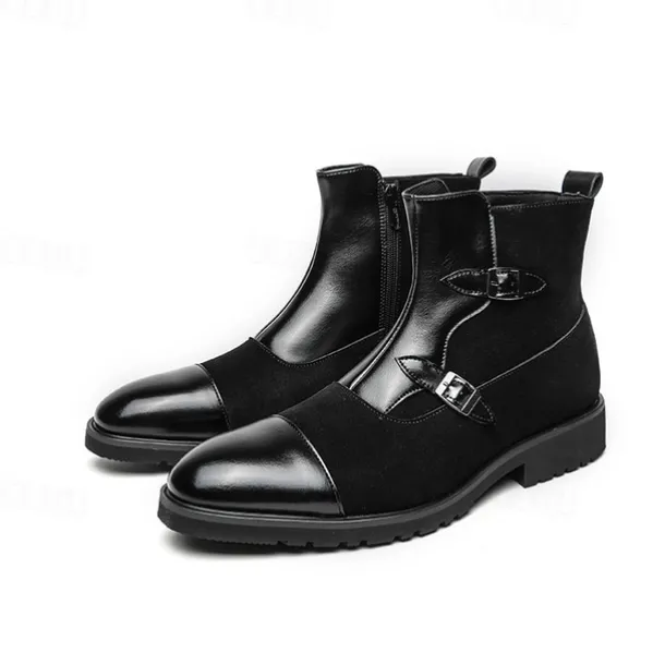 Men's Brown Faux Suede and Leather Ankle Boots with Double Buckle Straps - Stylish Formal Boots for Parties and Events