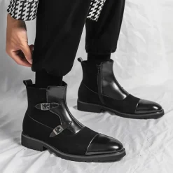 Men's Brown Faux Suede and Leather Ankle Boots with Double Buckle Straps - Stylish Formal Boots for Parties and Events