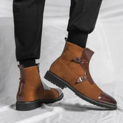 Men's Brown Faux Suede and Leather Ankle Boots with Double Buckle Straps - Stylish Formal Boots for Parties and Events