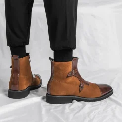 Men's Brown Faux Suede and Leather Ankle Boots with Double Buckle Straps - Stylish Formal Boots for Parties and Events