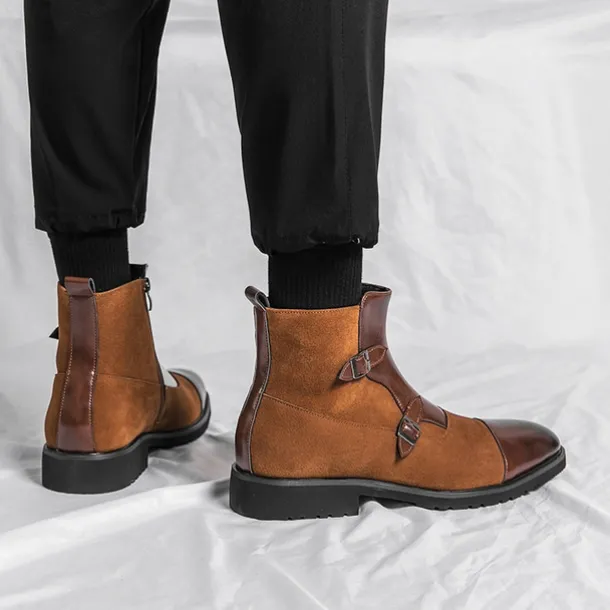 Men's Brown Faux Suede and Leather Ankle Boots with Double Buckle Straps - Stylish Formal Boots for Parties and Events