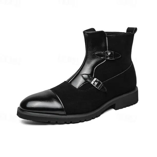 Men's Brown Faux Suede and Leather Ankle Boots with Double Buckle Straps - Stylish Formal Boots for Parties and Events