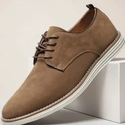 Men's Brown Faux Suede Oxford Shoes Classic Lace-Up Design with Contrast Stitching Ideal for Business Casual Office Work and Semi-Formal Events