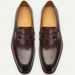 Men's Brown Genuine Leather Penny Loafers – Classic Crocodile Pattern Slip-On Dress Shoes for Kentucky Derby & Business Wear