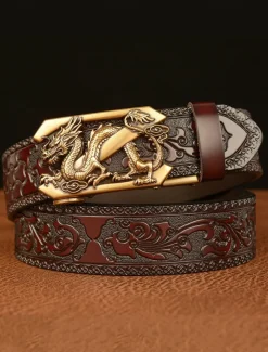 Men's Brown Leather Belt with Embossed Dragon Design and Gold Buckle - Vintage Style, Perfect for Formal and Casual Wear