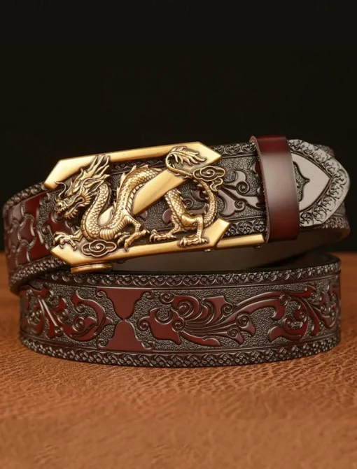 Men's Brown Leather Belt with Embossed Dragon Design and Gold Buckle - Vintage Style, Perfect for Formal and Casual Wear