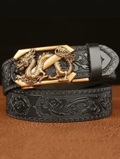 Men's Brown Leather Belt with Embossed Dragon Design and Gold Buckle - Vintage Style, Perfect for Formal and Casual Wear