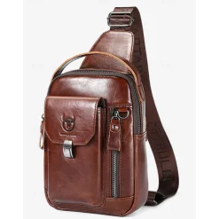 Men's Brown Leather Crossbody Sling Bag with Multiple Compartments and Adjustable Strap, Ideal for Travel and Daily Use
