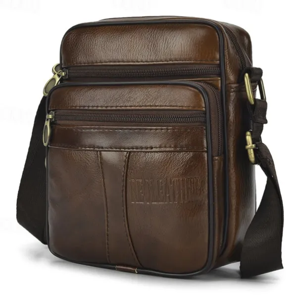 Men's Brown Leather Crossbody Bag with Multiple Zipper Pockets and Adjustable Strap, Vintage Small Shoulder Bag for Travel, Work and Daily Use