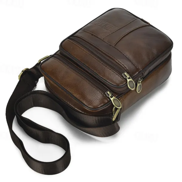 Men's Brown Leather Crossbody Bag with Multiple Zipper Pockets and Adjustable Strap, Vintage Small Shoulder Bag for Travel, Work and Daily Use