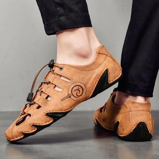 Men's Brown Leather Outdoor Sandals with Secure Lace-Up Design - Perfect for Hiking and Casual Wear