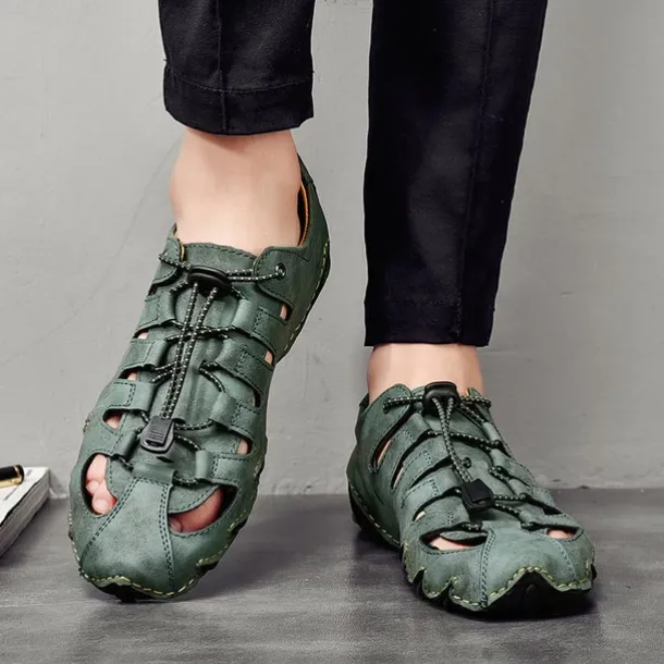 Men's Brown Leather Outdoor Sandals with Secure Lace-Up Design - Perfect for Hiking and Casual Wear