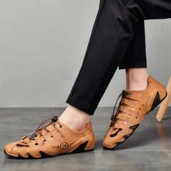 Men's Brown Leather Outdoor Sandals with Secure Lace-Up Design - Perfect for Hiking and Casual Wear