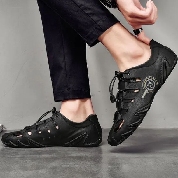 Men's Brown Leather Outdoor Sandals with Secure Lace-Up Design - Perfect for Hiking and Casual Wear