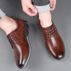Men's Brown Leather Oxford Shoes with Non-Slip Rubber Sole - Stylish and Comfortable Dress Shoes for Formal and Casual Wear