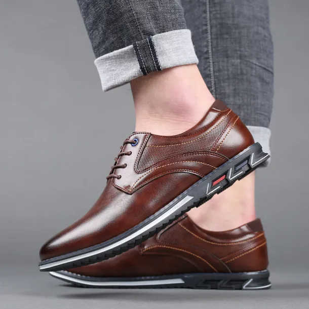 Men's Brown Leather Oxford Shoes with Non-Slip Rubber Sole - Stylish and Comfortable Dress Shoes for Formal and Casual Wear