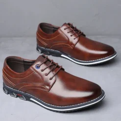 Men's Brown Leather Oxford Shoes with Non-Slip Rubber Sole - Stylish and Comfortable Dress Shoes for Formal and Casual Wear