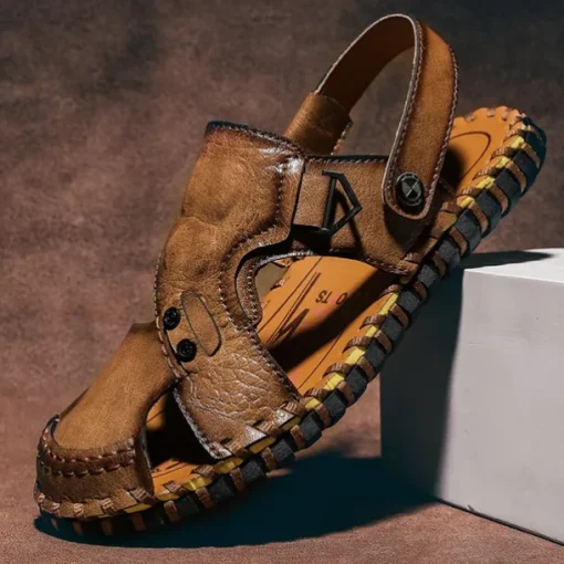 Men's Brown Leather Sandals with Adjustable Strap and Stylish Stitching – Comfortable and Durable for Casual Outings, Beach and Everyday Wear