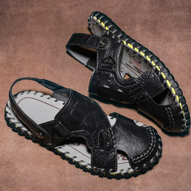 Men's Brown Leather Sandals with Adjustable Strap and Stylish Stitching – Comfortable and Durable for Casual Outings, Beach and Everyday Wear