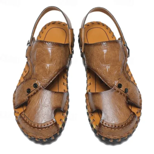 Men's Brown Leather Sandals with Adjustable Strap and Stylish Stitching – Comfortable and Durable for Casual Outings, Beach and Everyday Wear