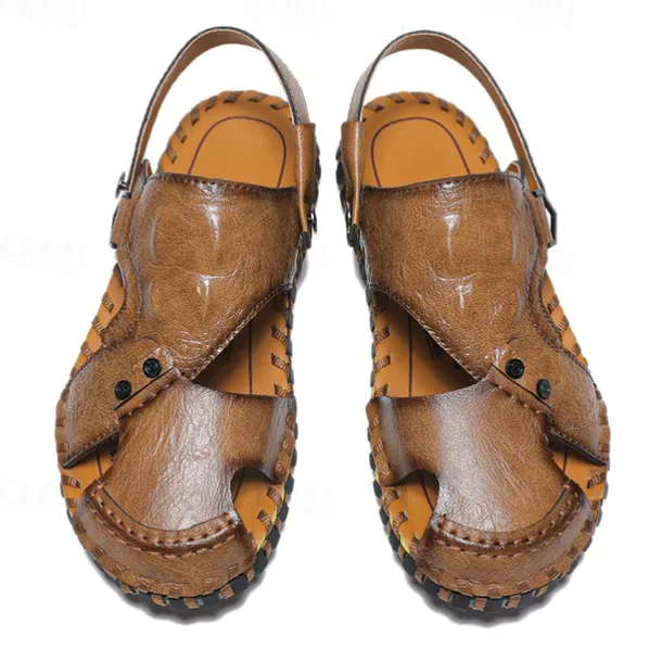 Men's Brown Leather Sandals with Adjustable Strap and Stylish Stitching – Comfortable and Durable for Casual Outings, Beach and Everyday Wear