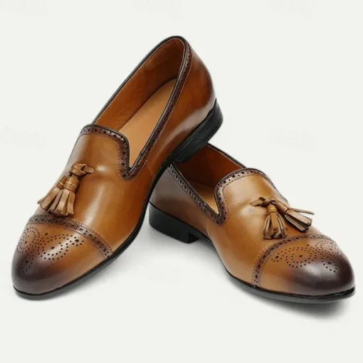 Men's Brown Leather Tassel Loafers with Brogue Detailing, Classic Slip-On Dress Shoes for Weddings, Parties and Formal Events