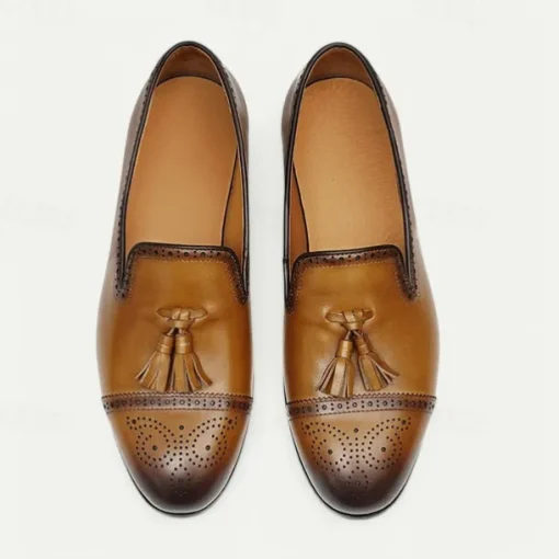 Men's Brown Leather Tassel Loafers with Brogue Detailing, Classic Slip-On Dress Shoes for Weddings, Parties and Formal Events