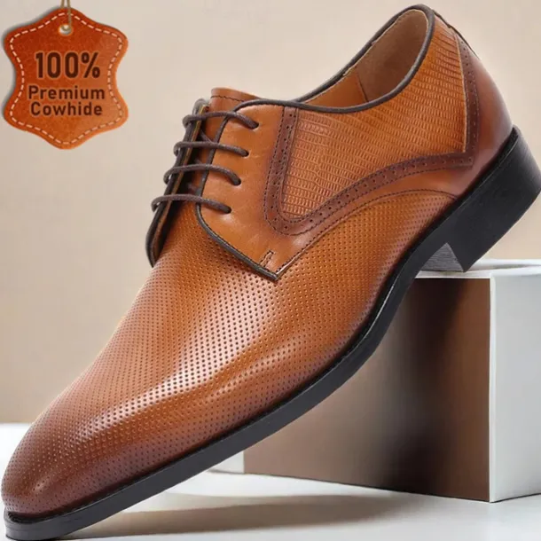 Men's Brown Perforated Leather Oxford Shoes with Lace-Up Design – Premium Cowhide for Formal and Business Occasions