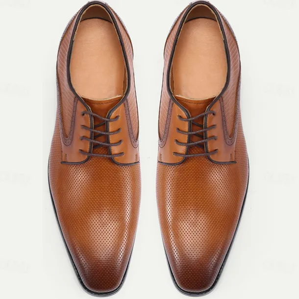 Men's Brown Perforated Leather Oxford Shoes with Lace-Up Design – Premium Cowhide for Formal and Business Occasions