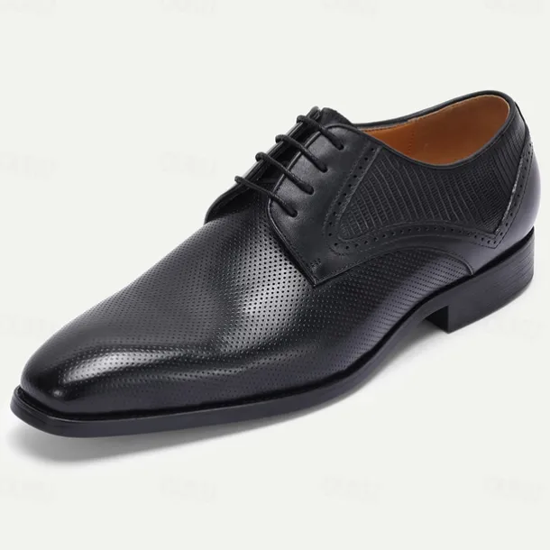 Men's Brown Perforated Leather Oxford Shoes with Lace-Up Design – Premium Cowhide for Formal and Business Occasions