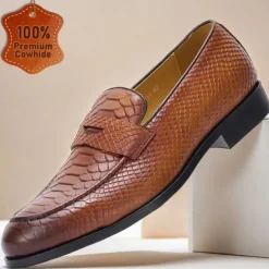 Men's Brown Premium Cowhide Leather Loafers with Textured Snake Skin Design, Slip-On Comfort, Stylish and Versatile for Casual and Formal Occasions