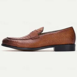 Men's Brown Premium Cowhide Leather Loafers with Textured Snake Skin Design, Slip-On Comfort, Stylish and Versatile for Casual and Formal Occasions