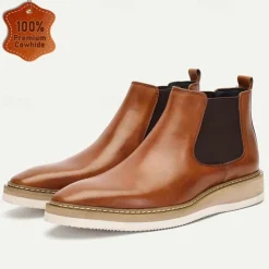 Men's Brown Premium Cowhide Chelsea Boots with White Sole - Elegant and Comfortable for Casual and Formal Wear