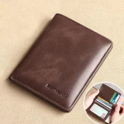 Men's Brown RFID Blocking Leather Bifold Wallet with ID Window and Multiple Card Slots, Slim Anti-Theft Wallet for Business, Travel and Everyday Use